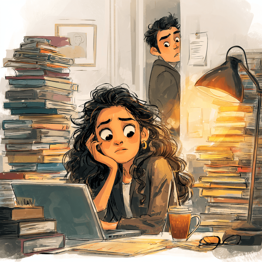 A med student overwhelmed by textbooks while her partner watches from the doorway